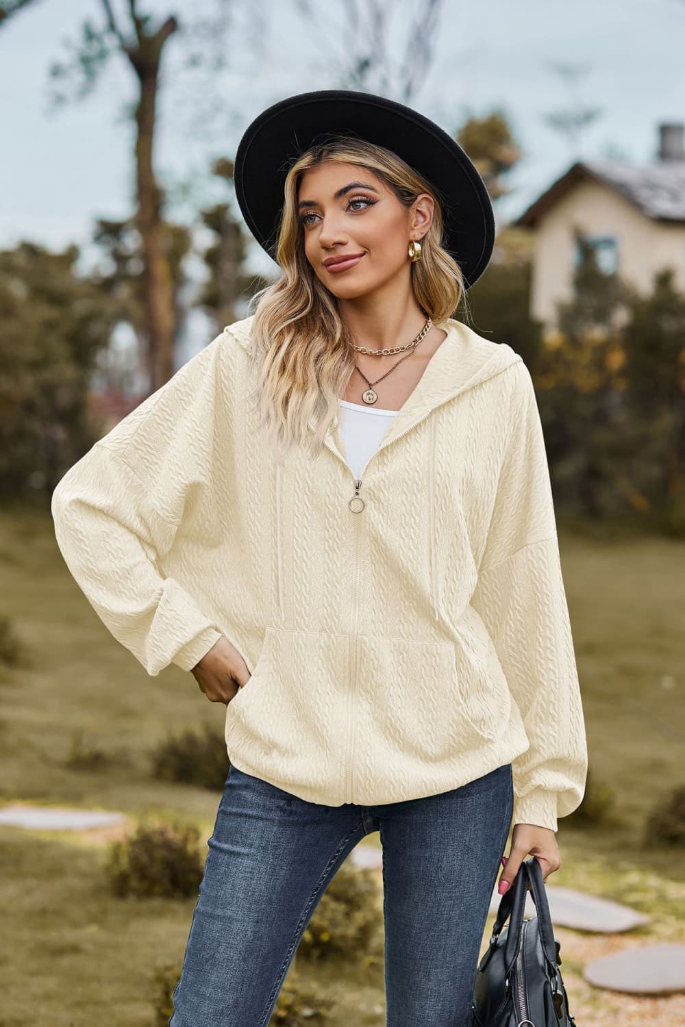 Cable-Knit Long Sleeve Hooded Jacket - Image 4