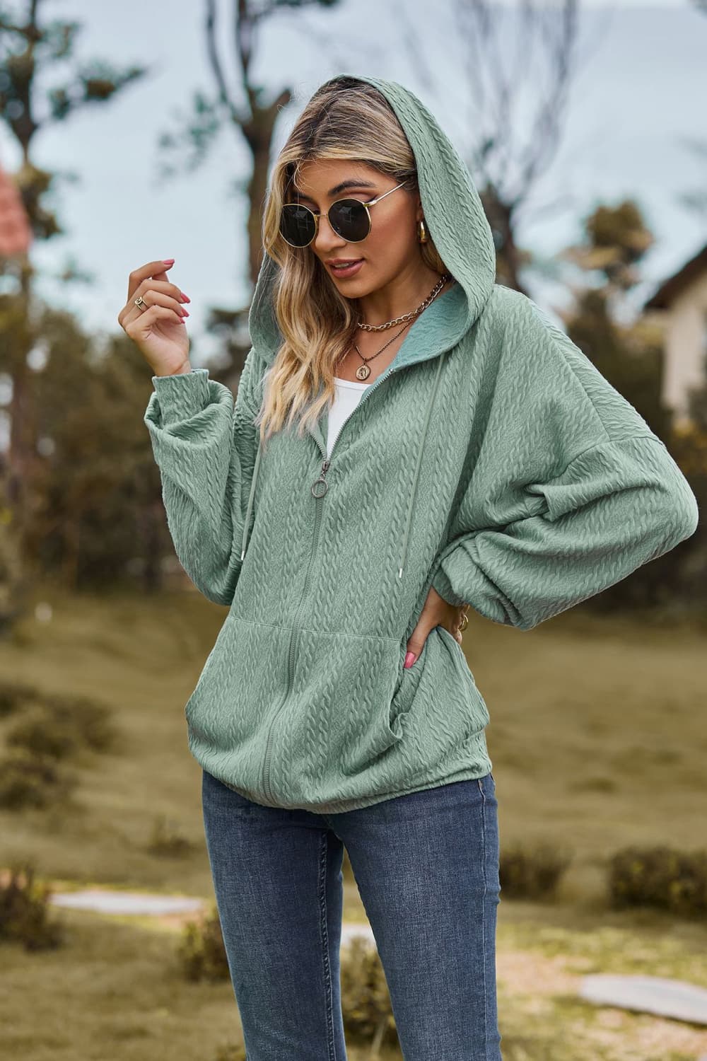 Cable-Knit Long Sleeve Hooded Jacket - Image 8