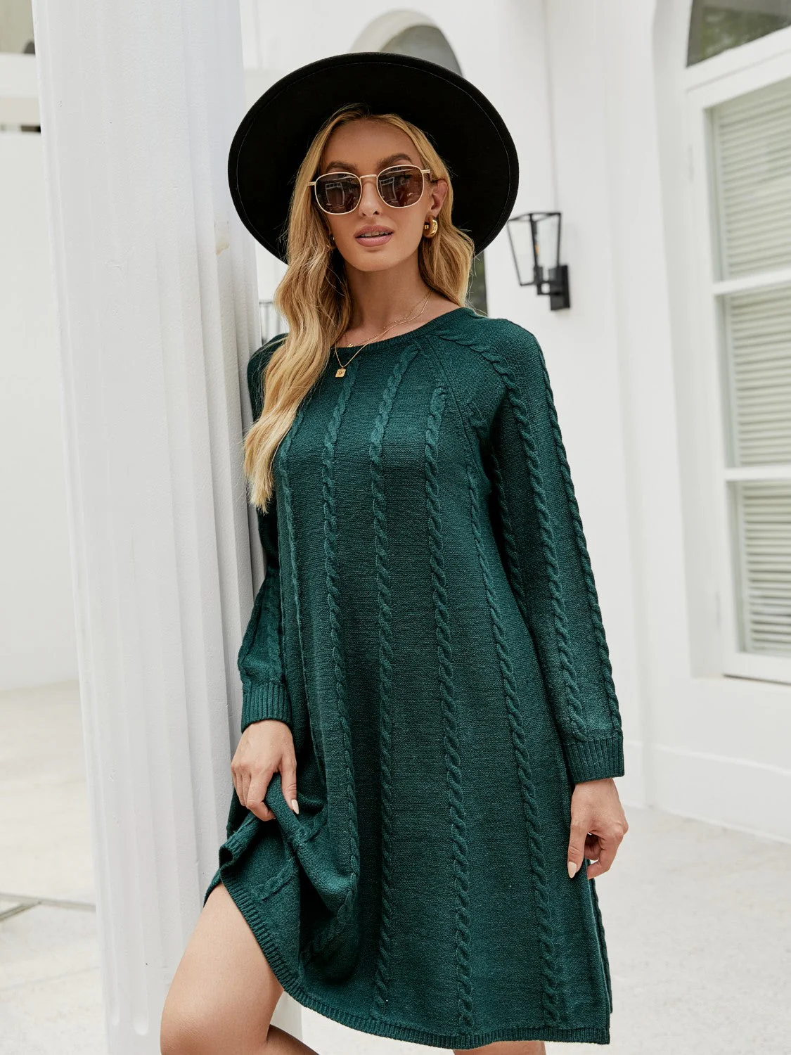 Cable-Knit Long Sleeve Sweater Dress - Image 3