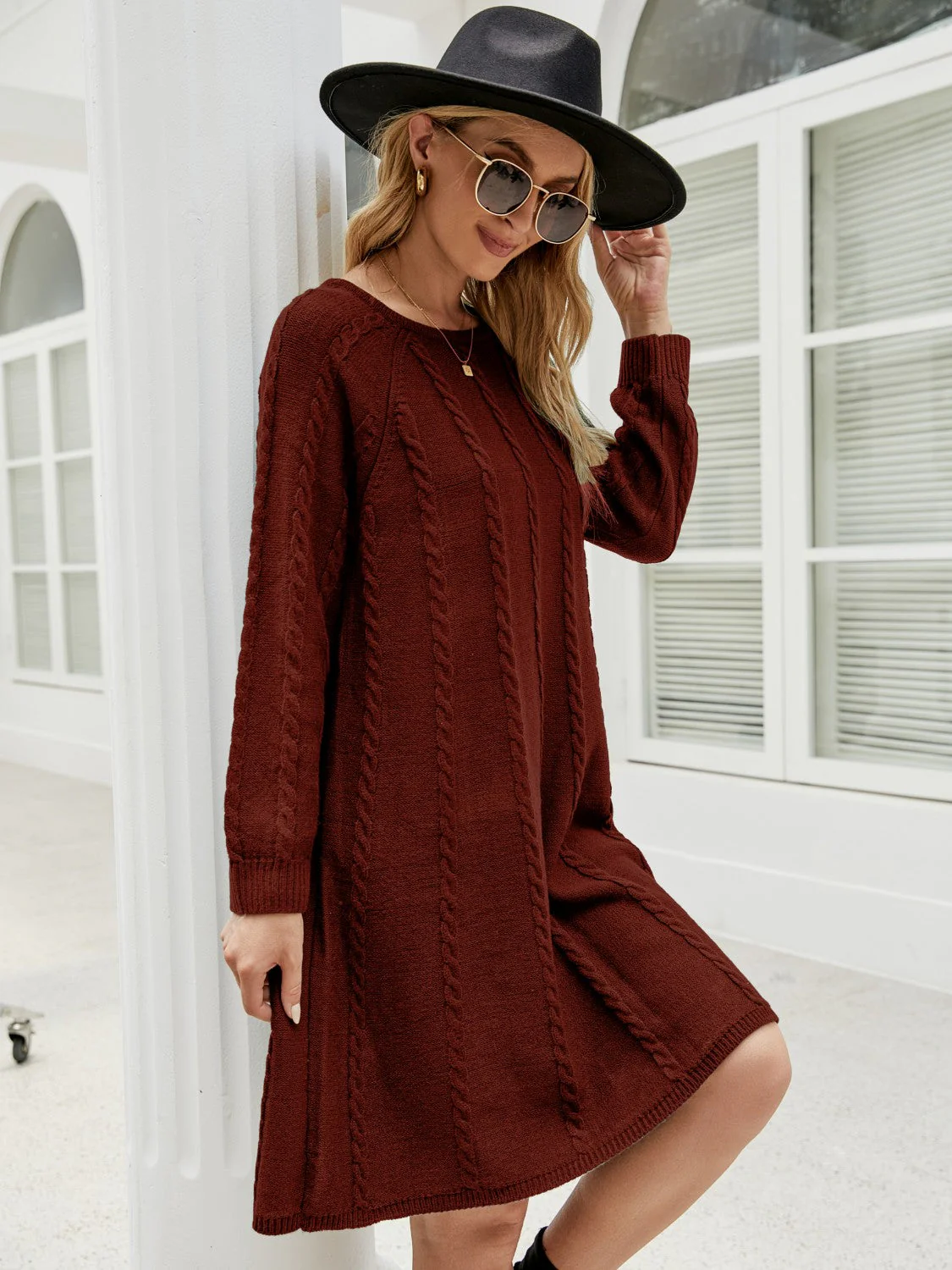 Cable-Knit Long Sleeve Sweater Dress - Image 8