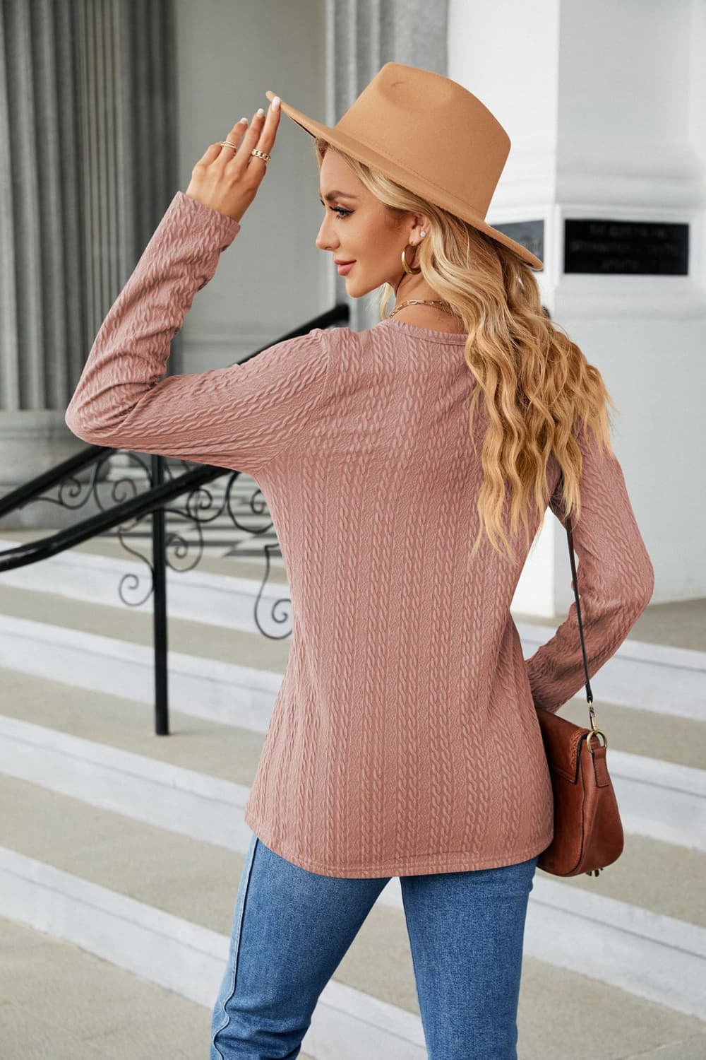 Cable-Knit Long Sleeve V-Neck T-Shirt - Image 15