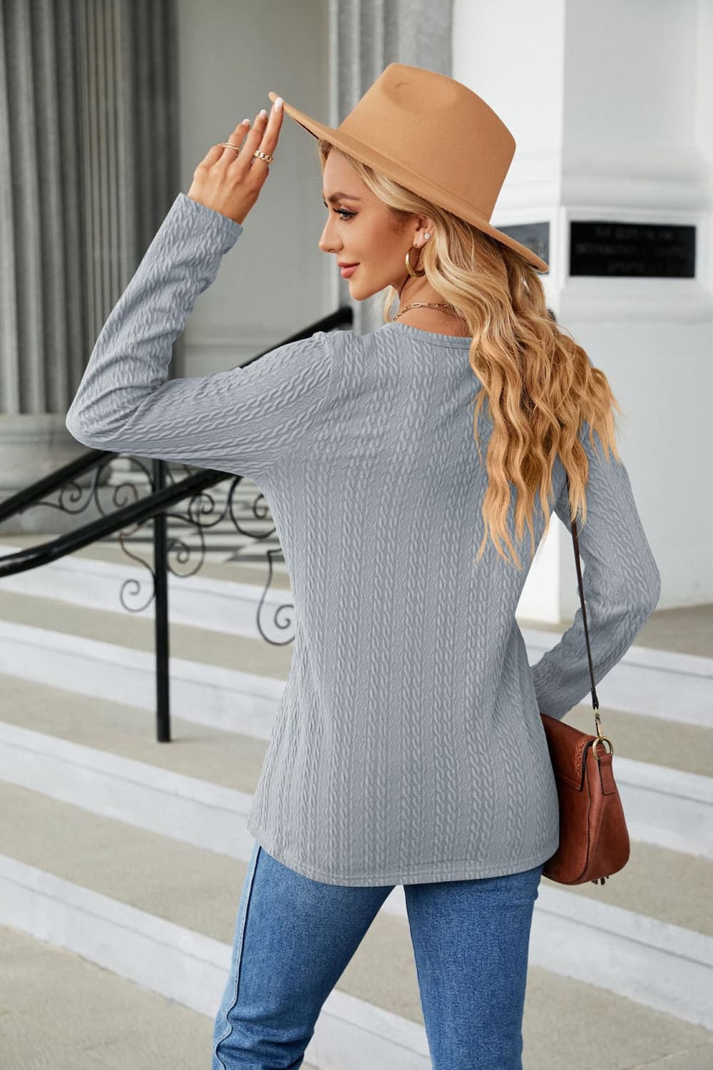 Cable-Knit Long Sleeve V-Neck T-Shirt - Image 2