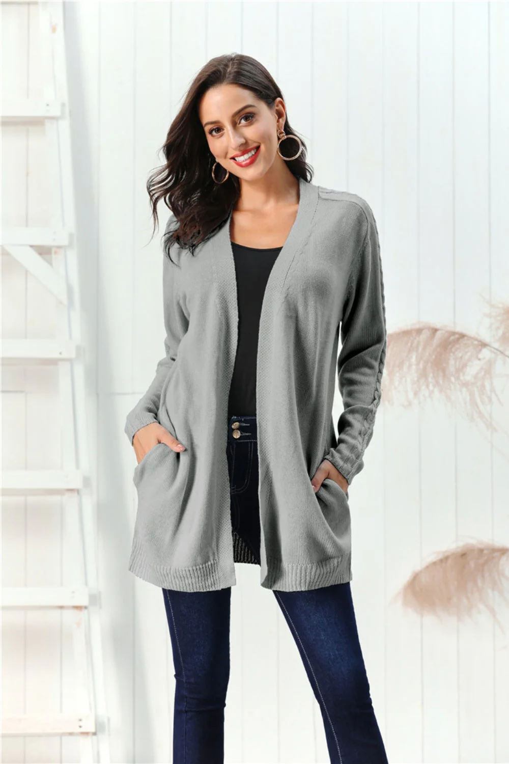 Cable-Knit Open Front Long Sleeve Cardigan - Image 10