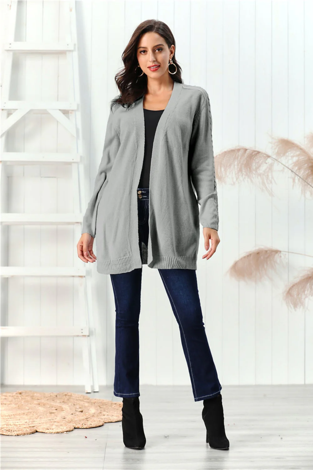 Cable-Knit Open Front Long Sleeve Cardigan - Image 11
