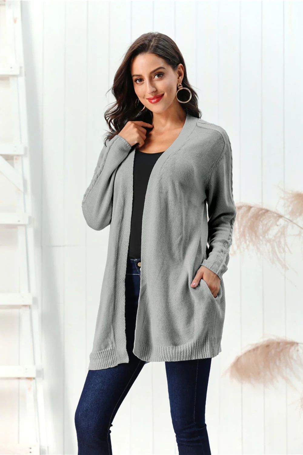 Cable-Knit Open Front Long Sleeve Cardigan - Image 12