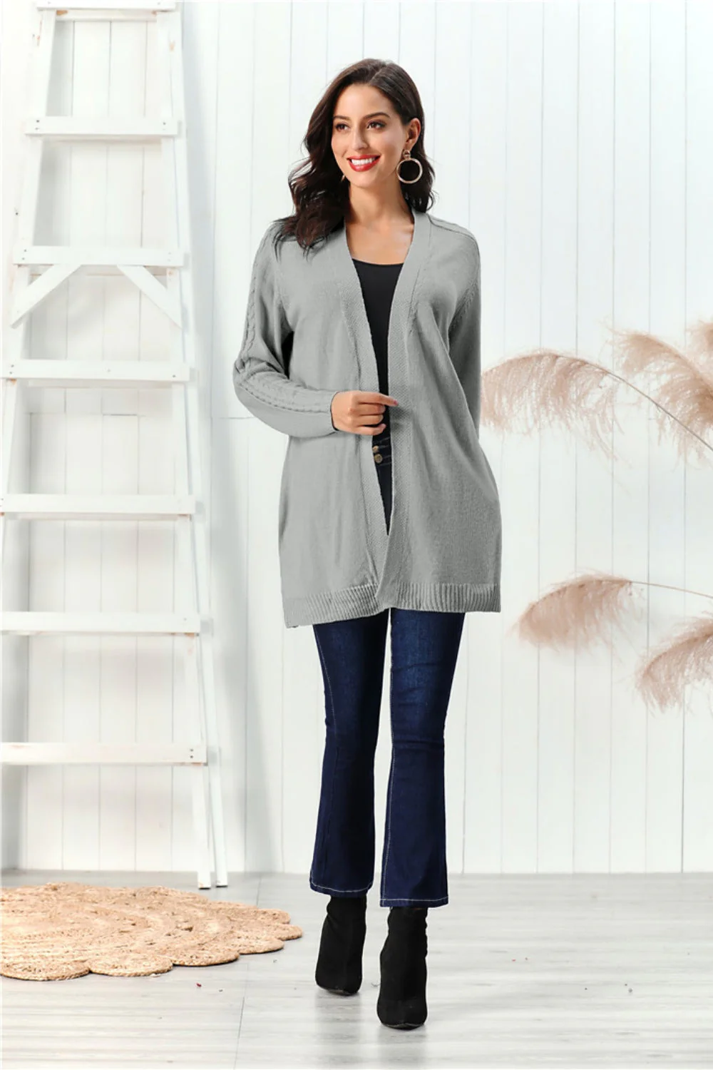 Cable-Knit Open Front Long Sleeve Cardigan - Image 13