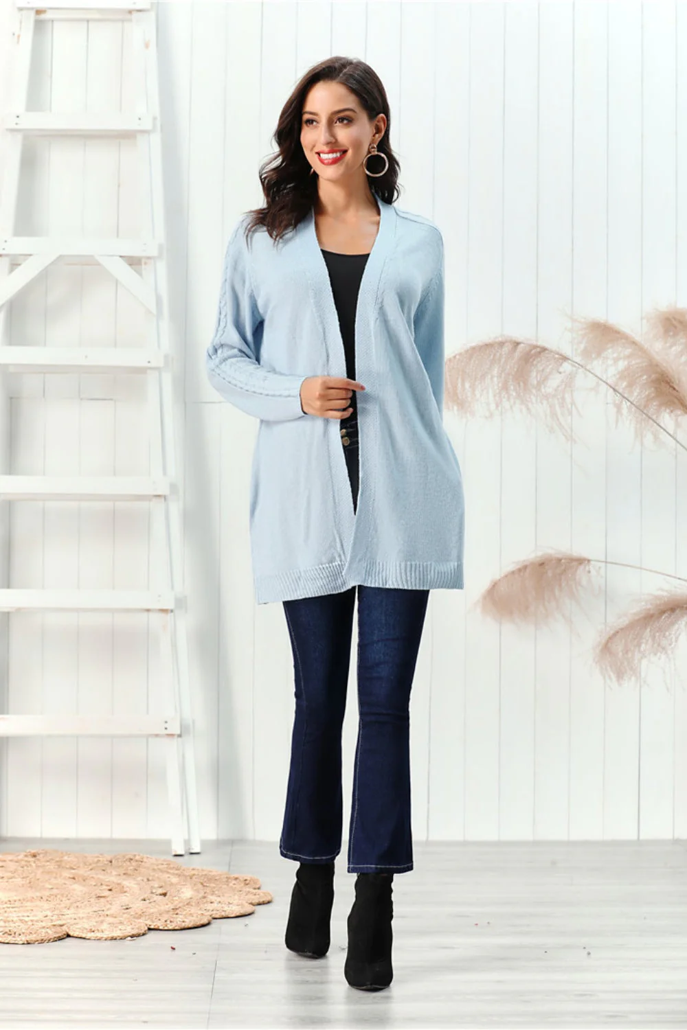 Cable-Knit Open Front Long Sleeve Cardigan - Image 18