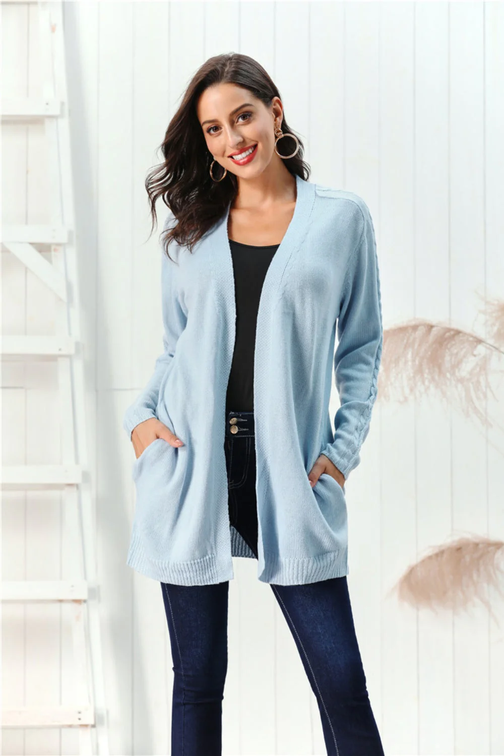 Cable-Knit Open Front Long Sleeve Cardigan - Image 19