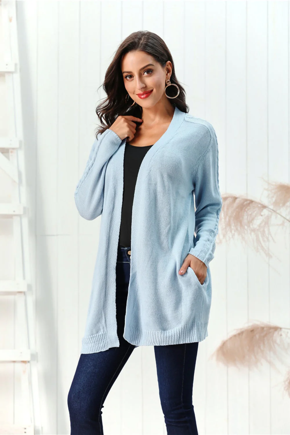 Cable-Knit Open Front Long Sleeve Cardigan - Image 20