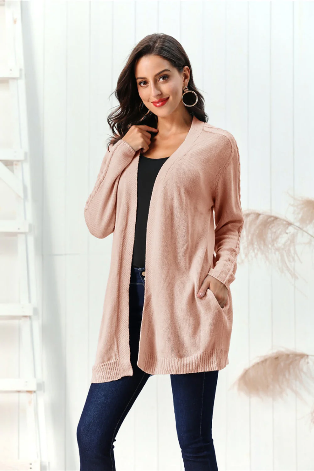 Cable-Knit Open Front Long Sleeve Cardigan - Image 3