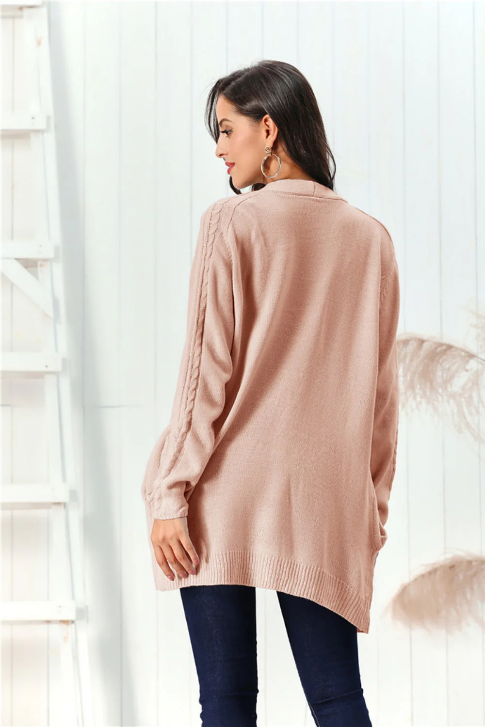 Cable-Knit Open Front Long Sleeve Cardigan - Image 4