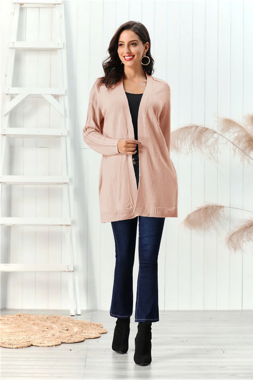 Cable-Knit Open Front Long Sleeve Cardigan - Image 5