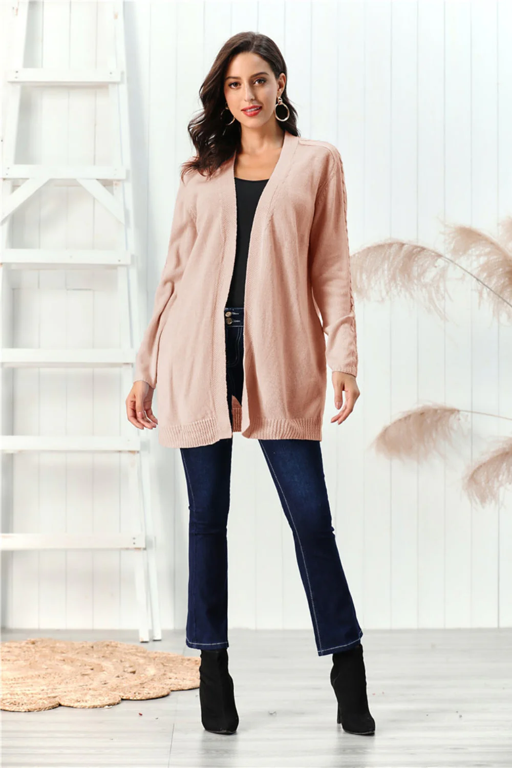 Cable-Knit Open Front Long Sleeve Cardigan - Image 6