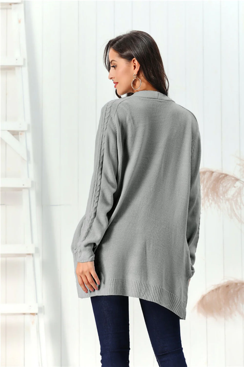 Cable-Knit Open Front Long Sleeve Cardigan - Image 9