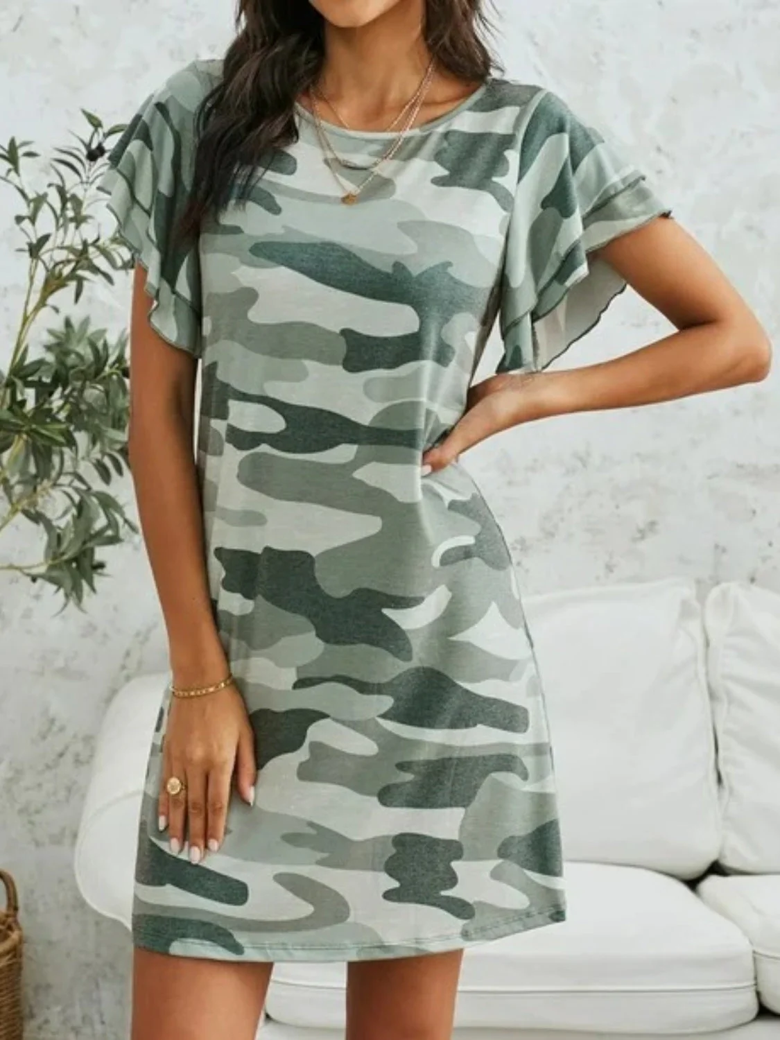 Camouflage Round Neck Short Sleeve Mini Dress - Image 3