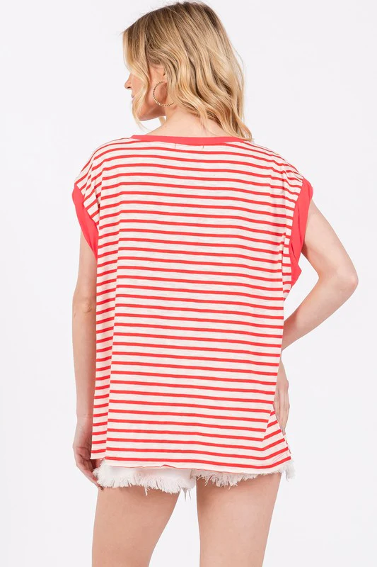 Ces Femme Side Slit Striped Cap Sleeve T-Shirt - Image 2