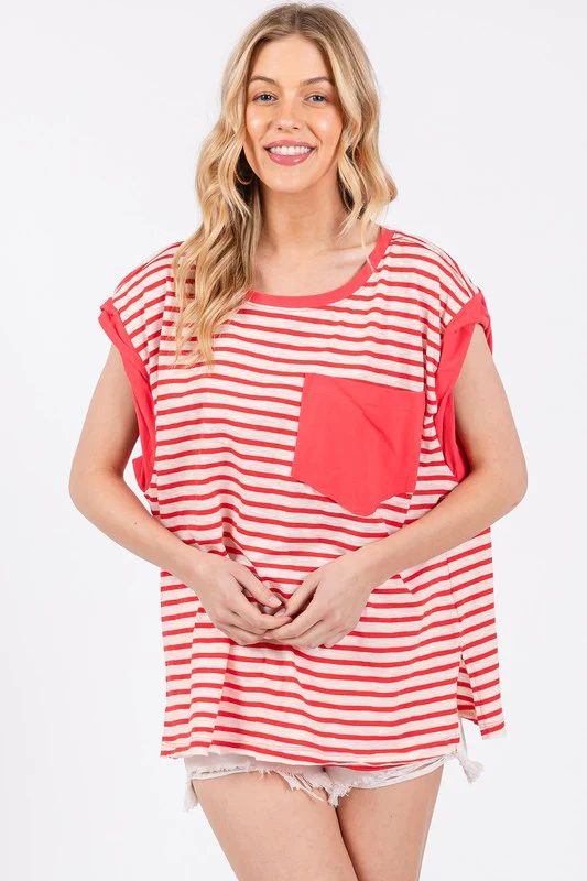 Ces Femme Side Slit Striped Cap Sleeve T-Shirt - Image 3