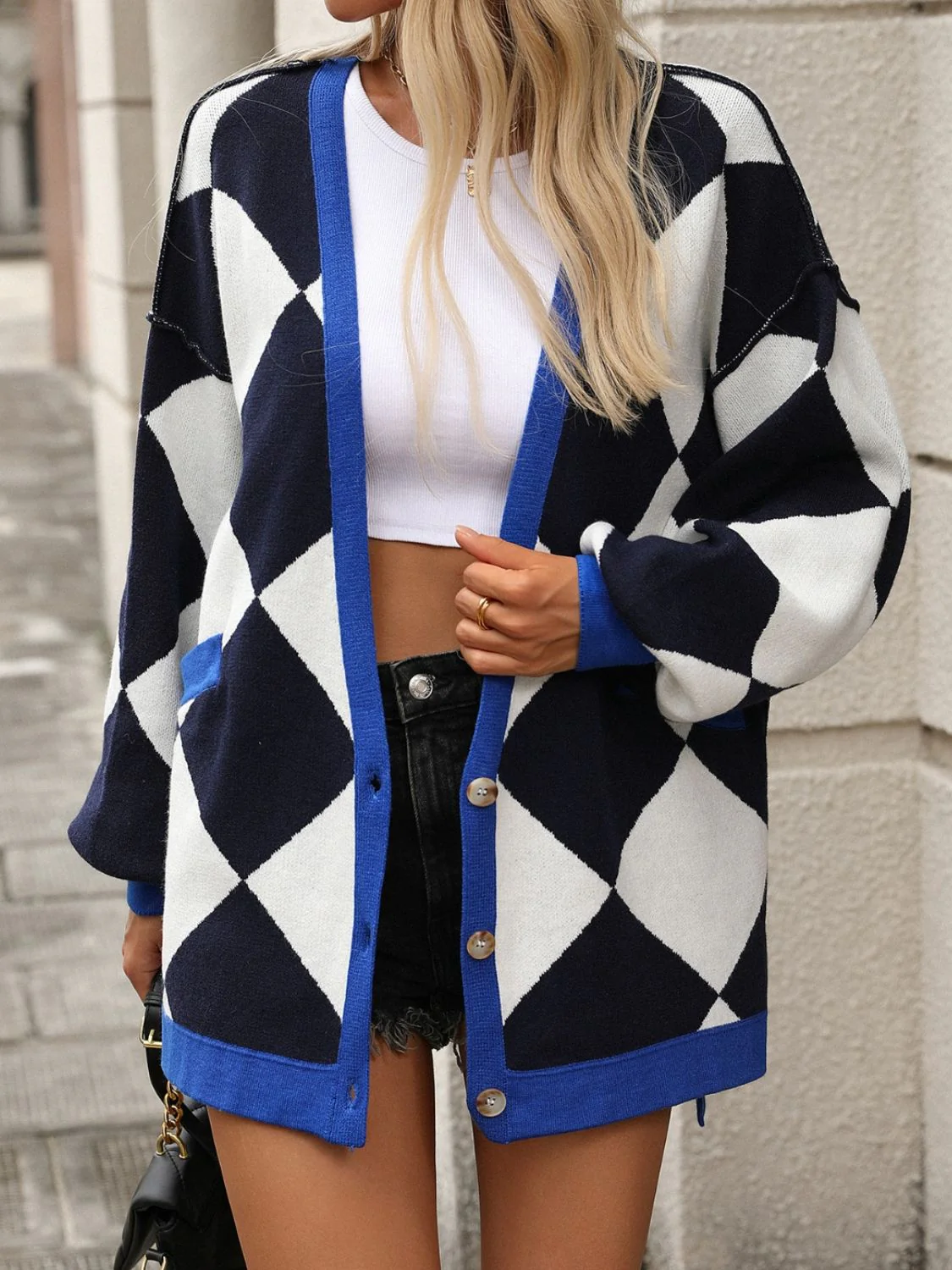 Checkered Dropped Shoulder Long Sleeve Cardigan - Image 12