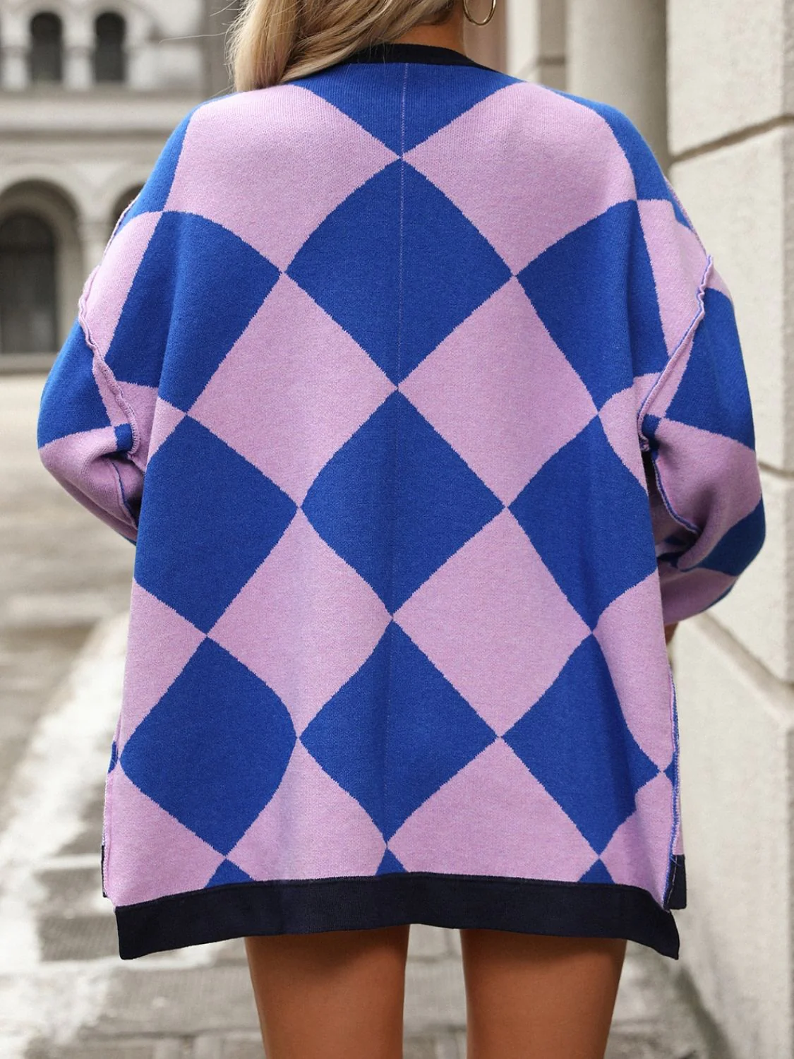 Checkered Dropped Shoulder Long Sleeve Cardigan - Image 2