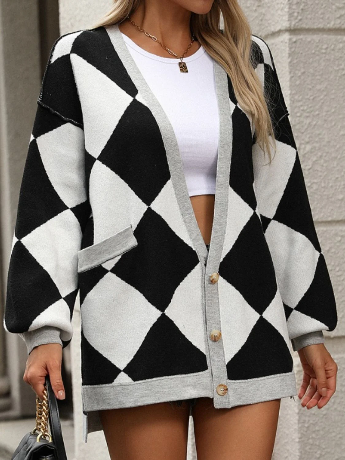 Checkered Dropped Shoulder Long Sleeve Cardigan - Image 4