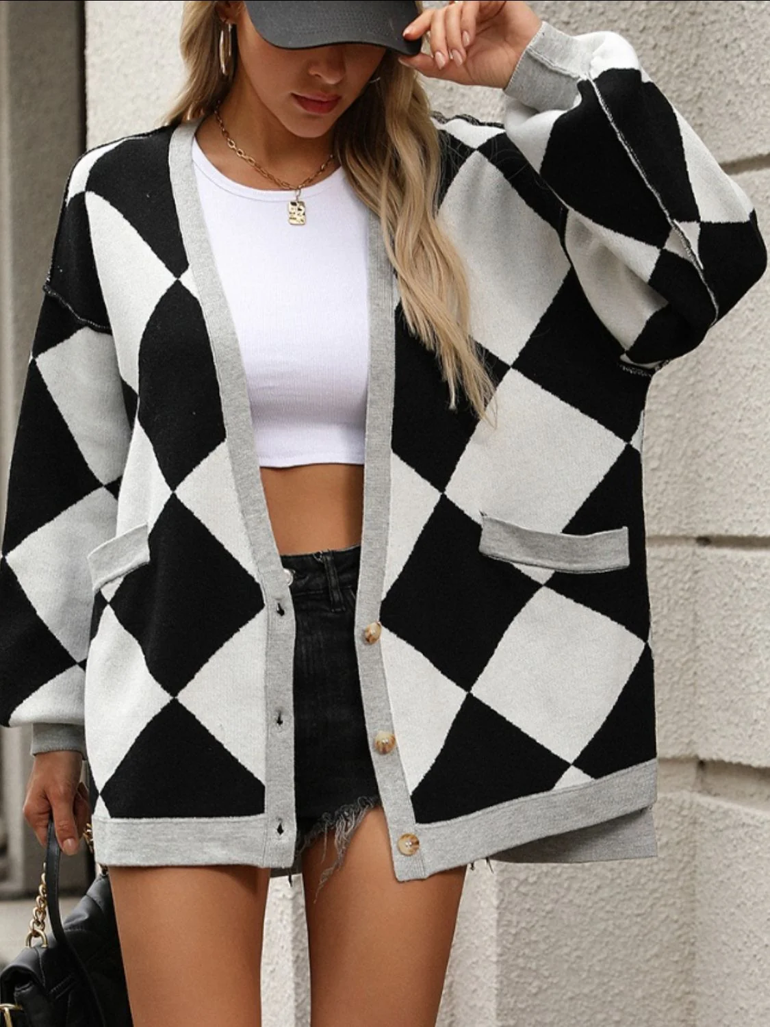 Checkered Dropped Shoulder Long Sleeve Cardigan - Image 5