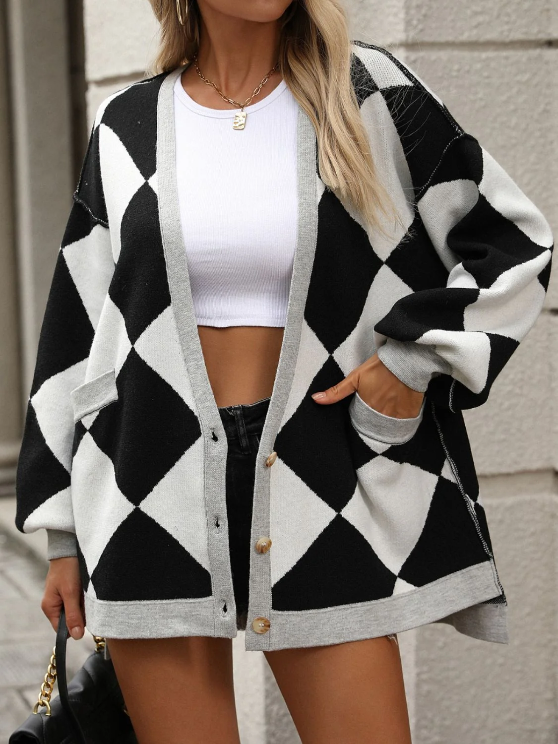 Checkered Dropped Shoulder Long Sleeve Cardigan - Image 6