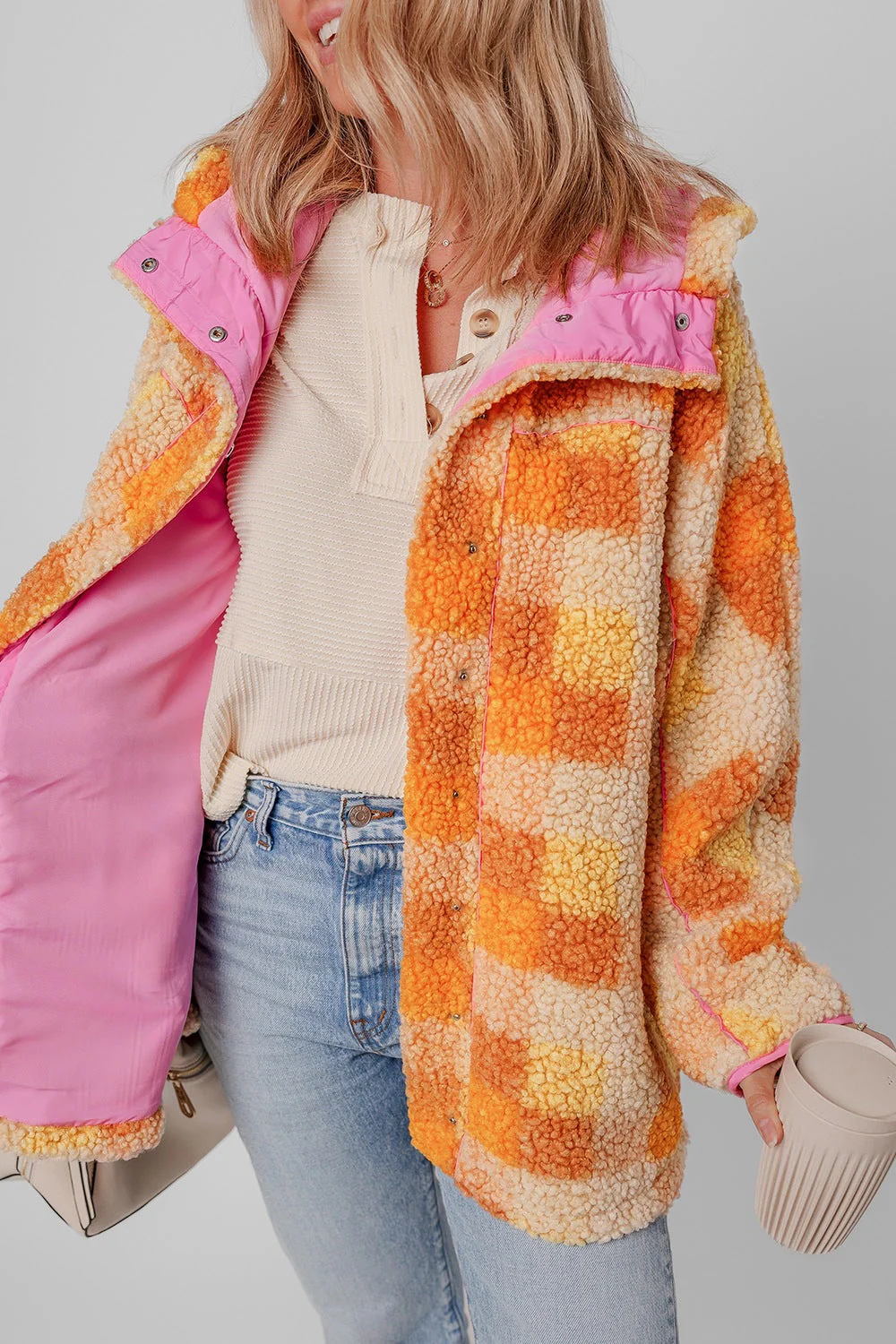 Checkered Long Sleeve Sherpa Hooded Jacket - Image 2
