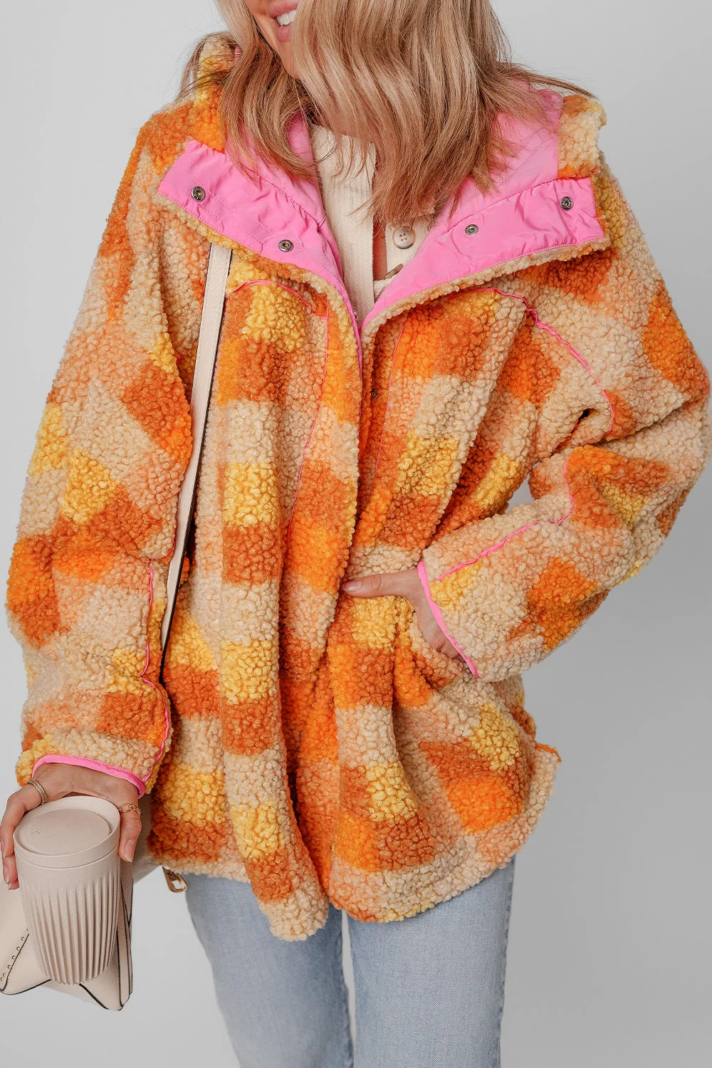 Checkered Long Sleeve Sherpa Hooded Jacket - Image 3