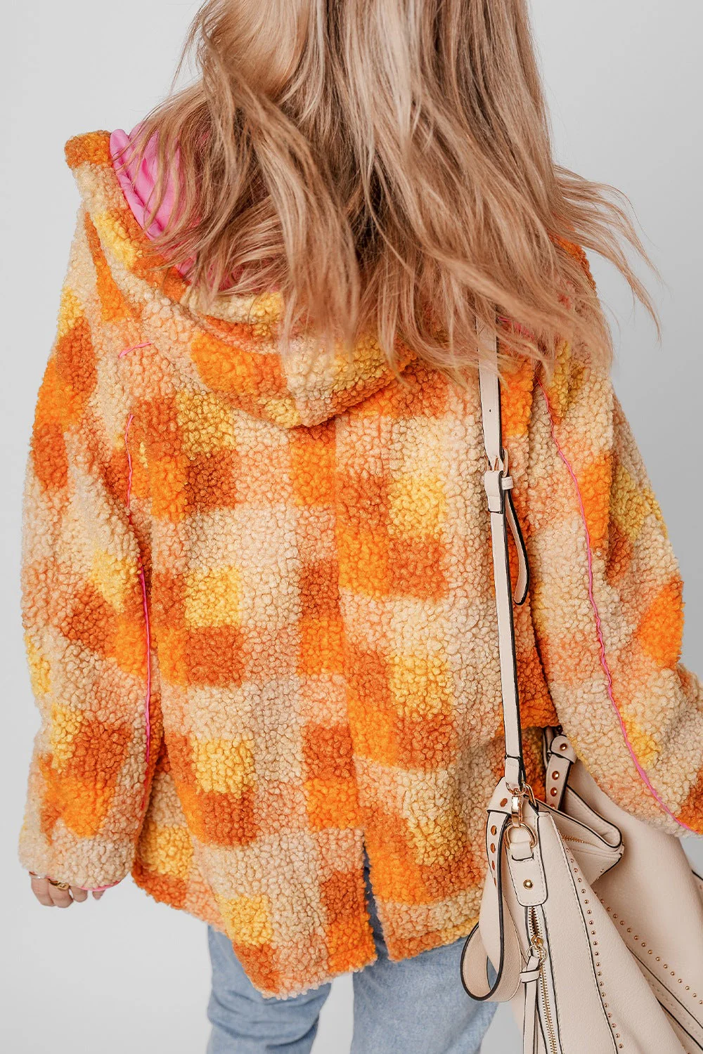 Checkered Long Sleeve Sherpa Hooded Jacket - Image 4