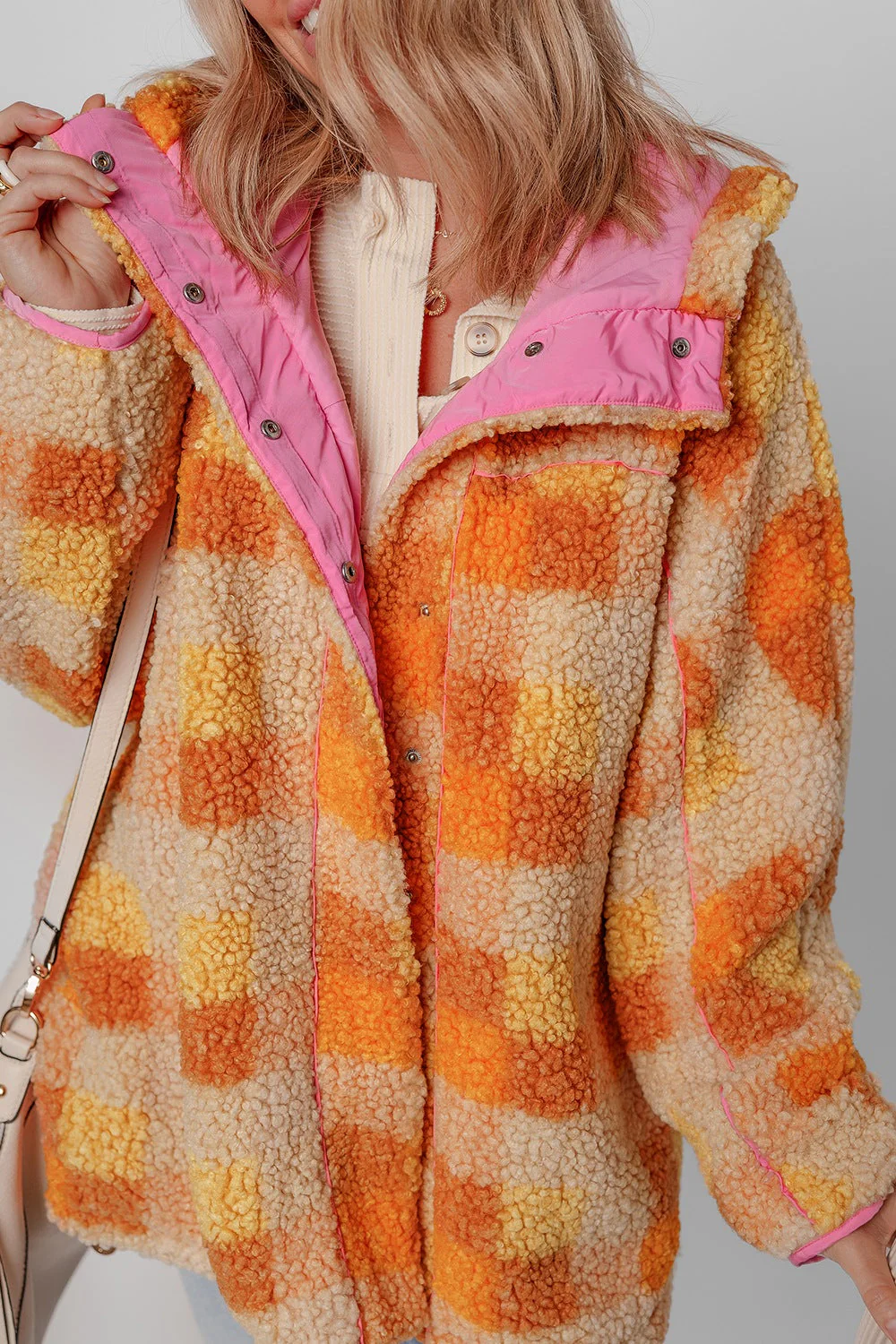 Checkered Long Sleeve Sherpa Hooded Jacket - Image 5