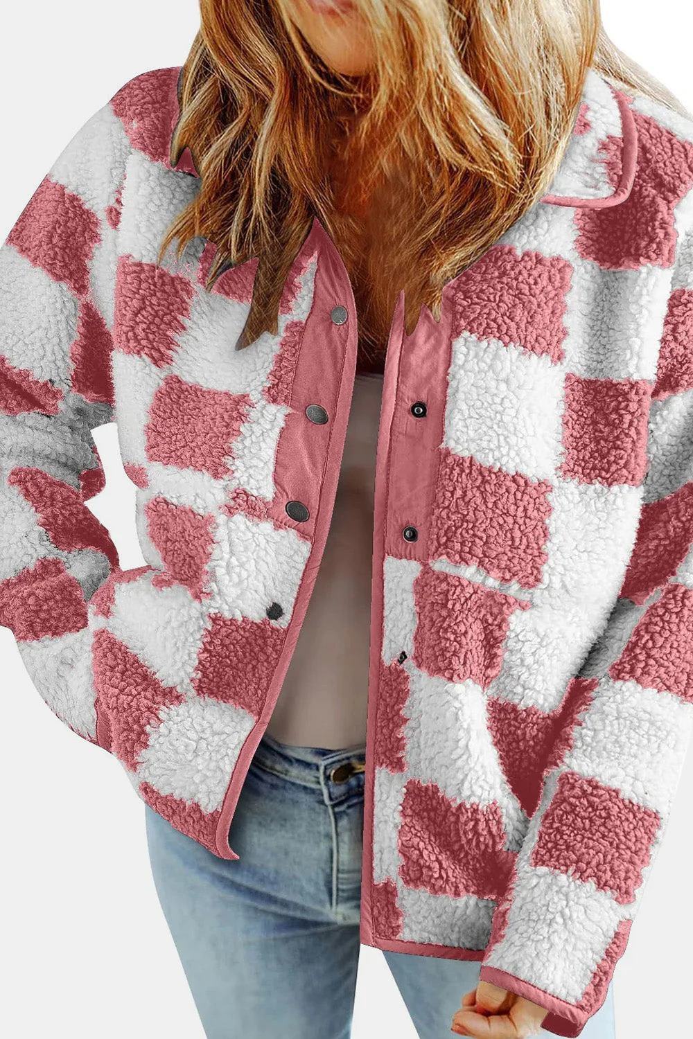 Checkered Snap Down Long Sleeve Teddy Jacket - Image 10