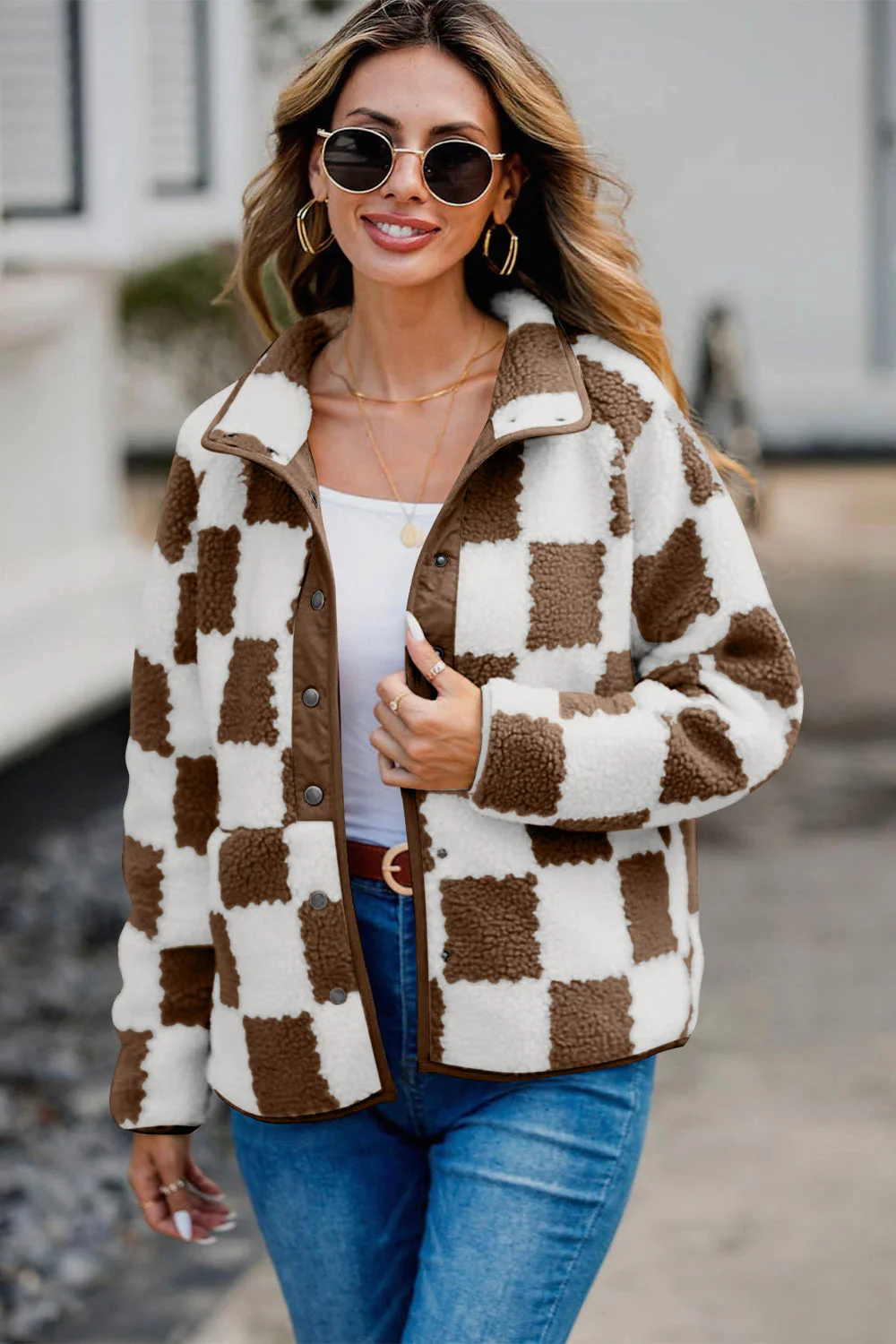 Checkered Snap Down Long Sleeve Teddy Jacket - Image 13