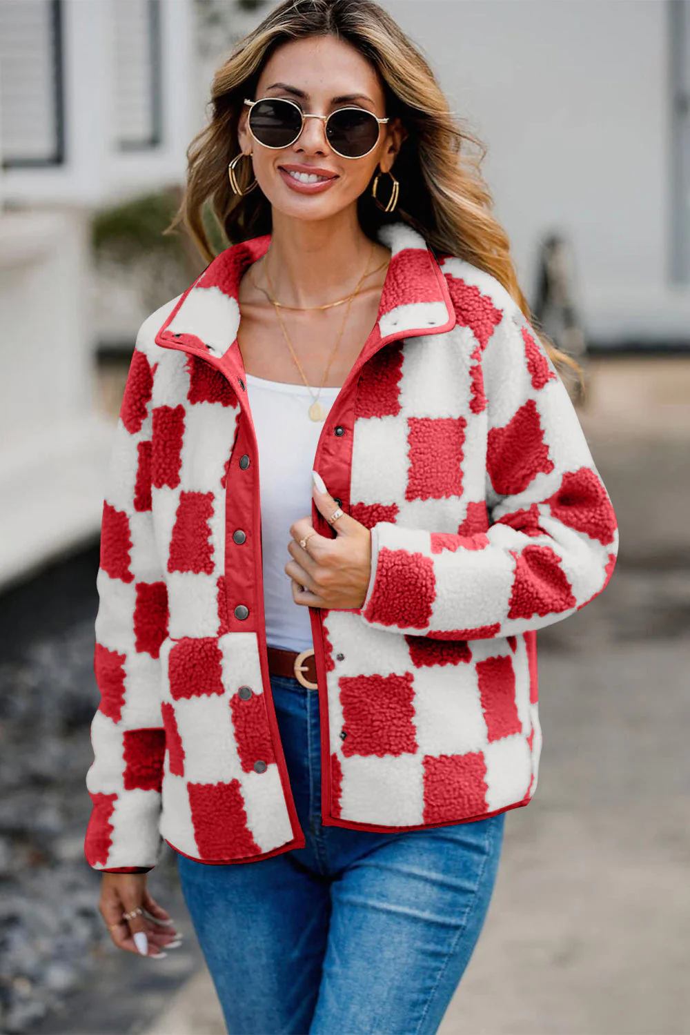 Checkered Snap Down Long Sleeve Teddy Jacket - Image 16