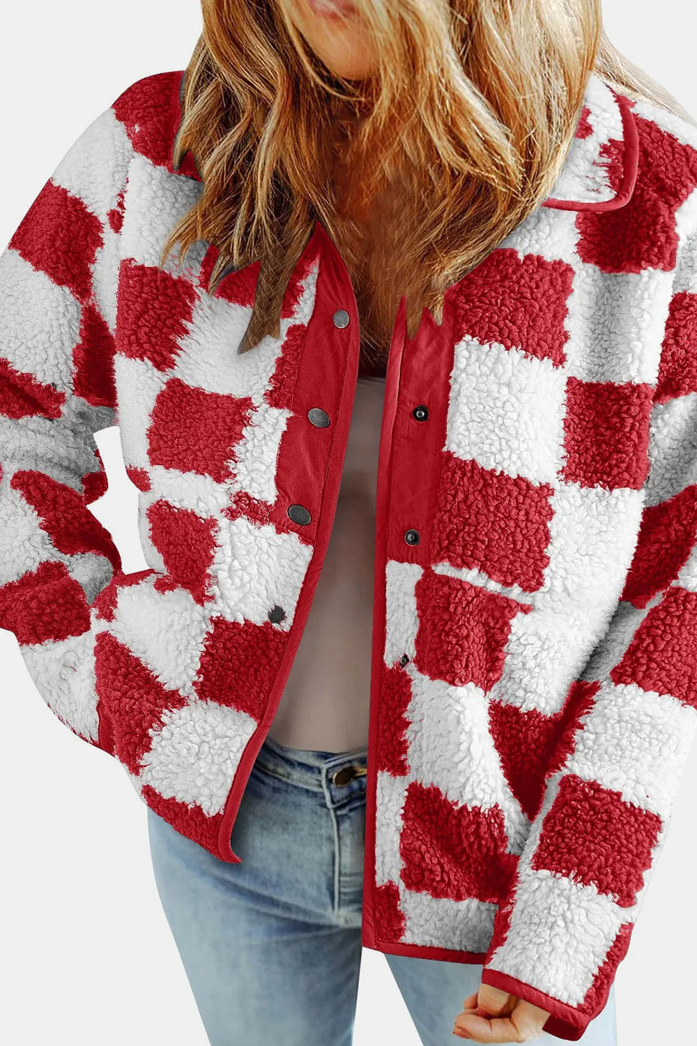 Checkered Snap Down Long Sleeve Teddy Jacket - Image 17