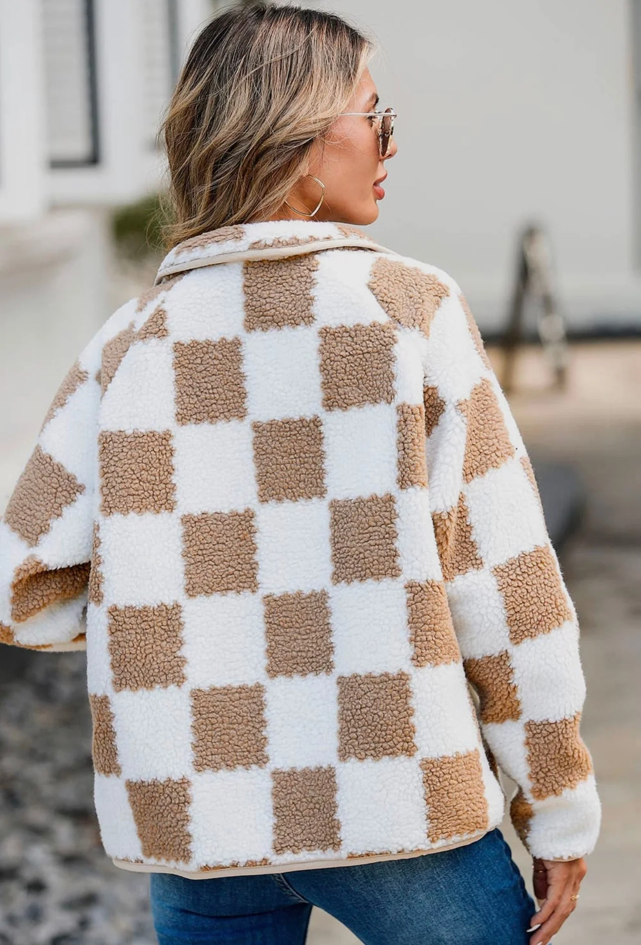 Checkered Snap Down Long Sleeve Teddy Jacket - Image 2