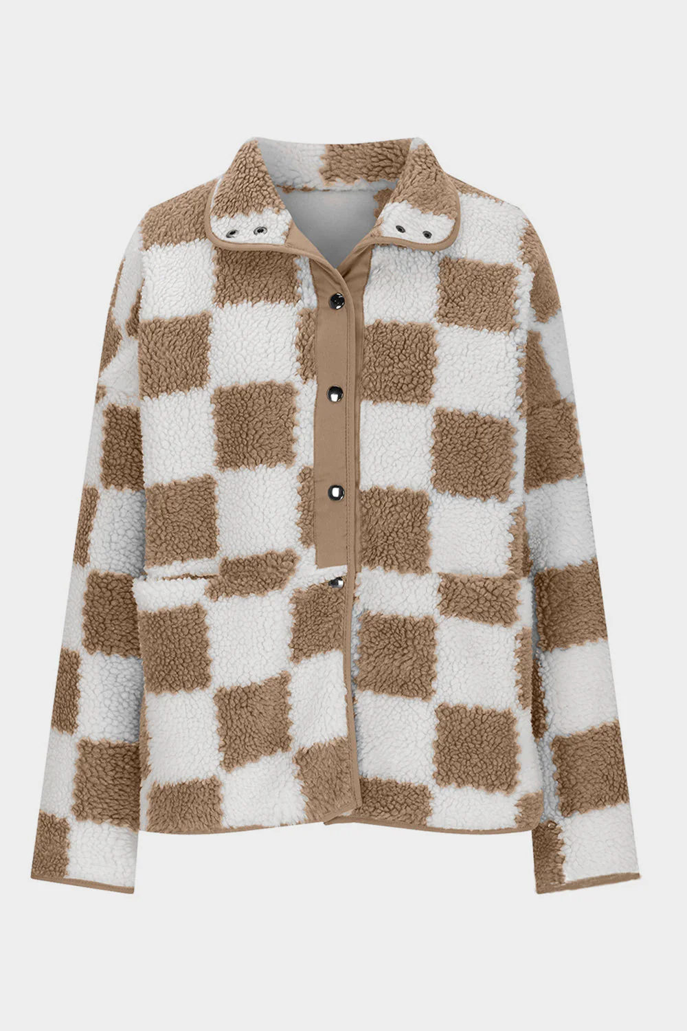 Checkered Snap Down Long Sleeve Teddy Jacket - Image 3