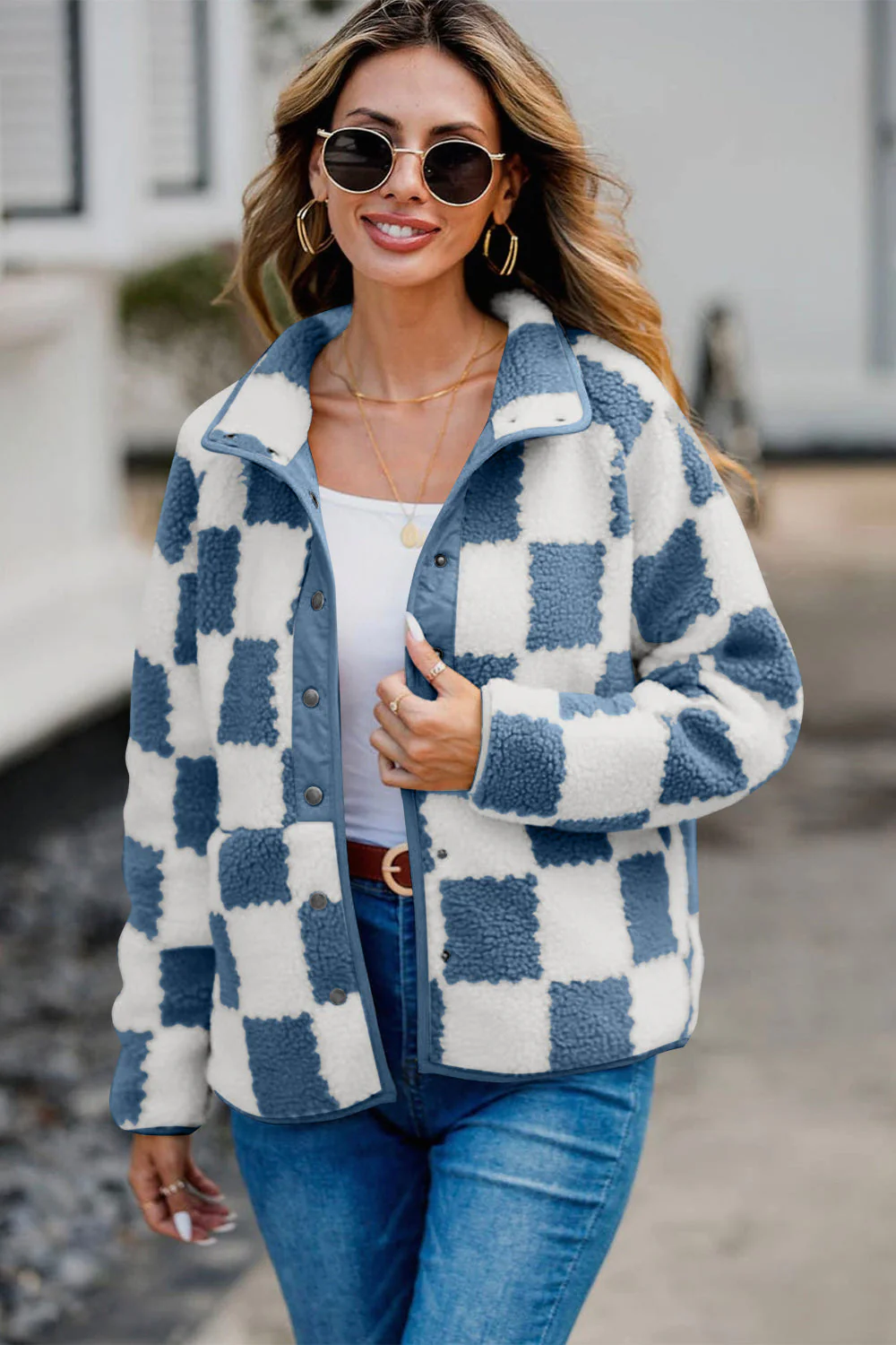 Checkered Snap Down Long Sleeve Teddy Jacket - Image 4
