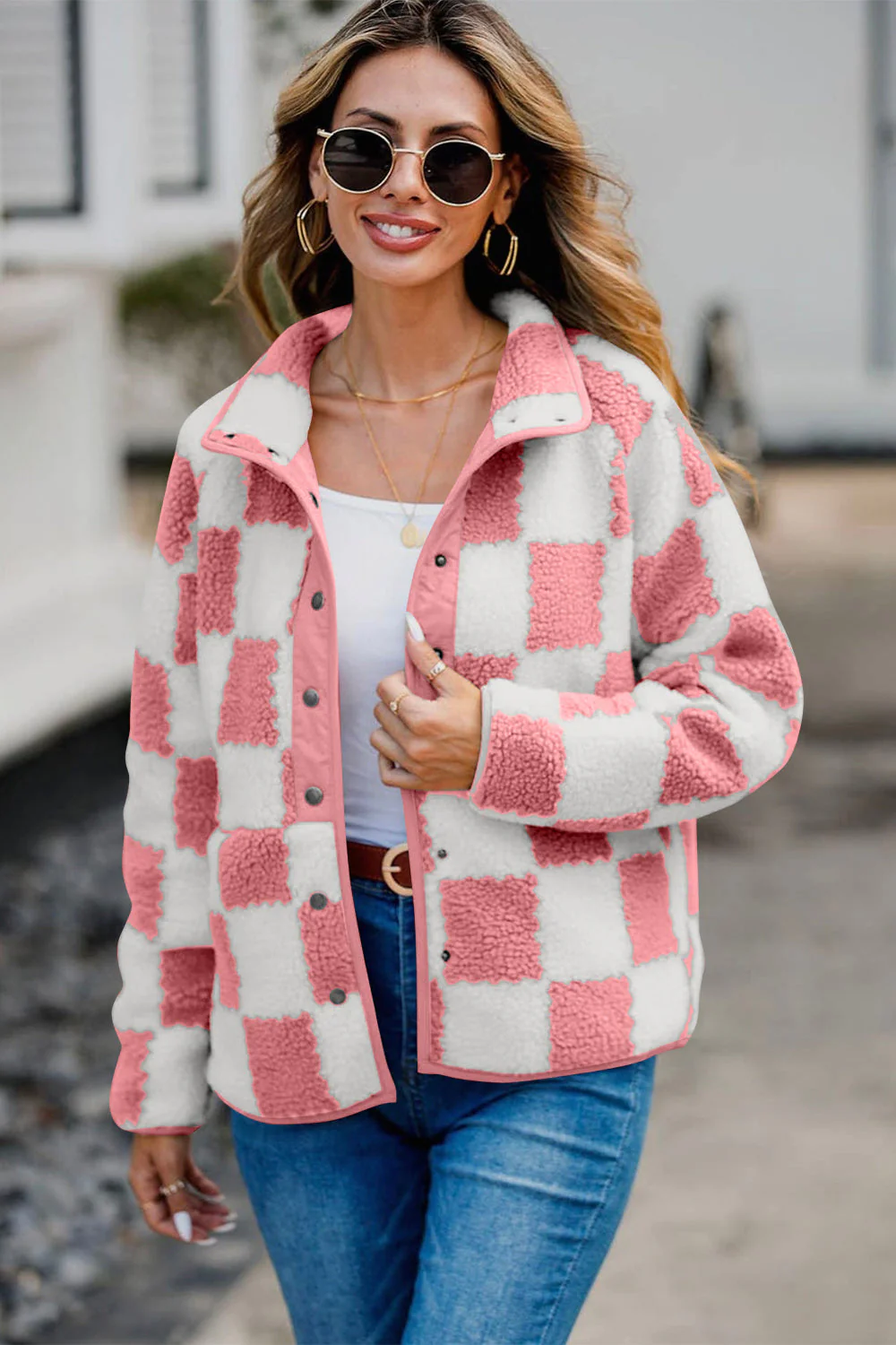 Checkered Snap Down Long Sleeve Teddy Jacket - Image 8