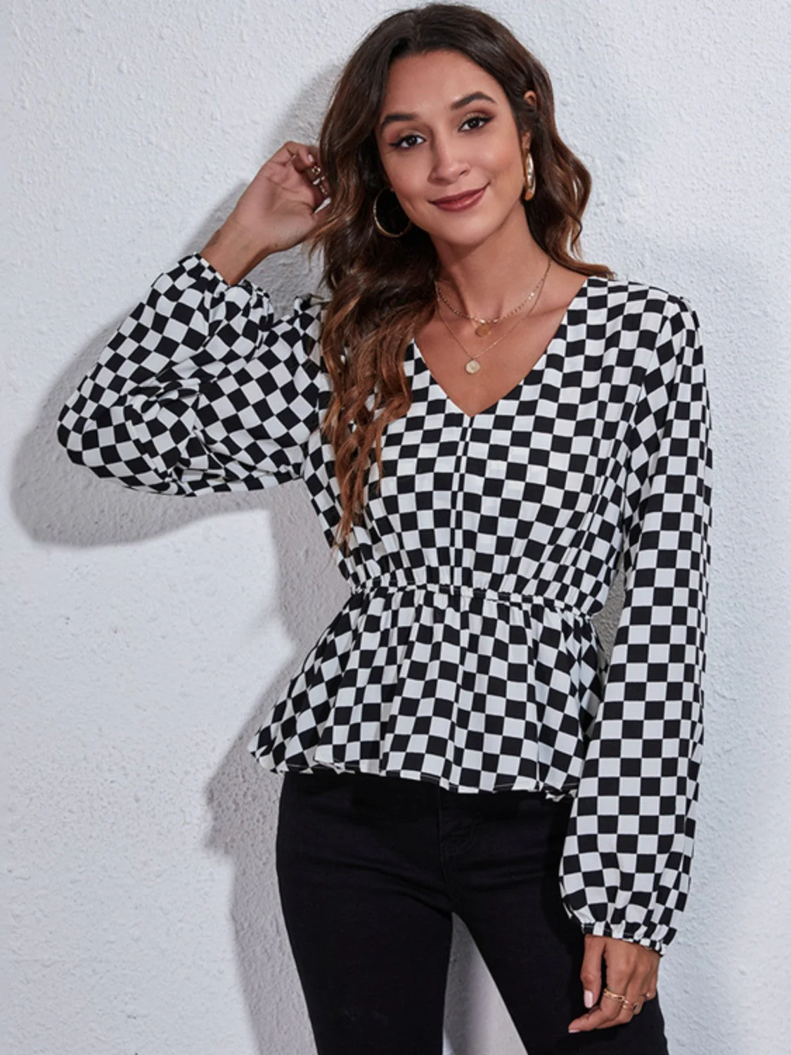 Checkered V-Neck Balloon Sleeve Peplum Blouse - Image 3