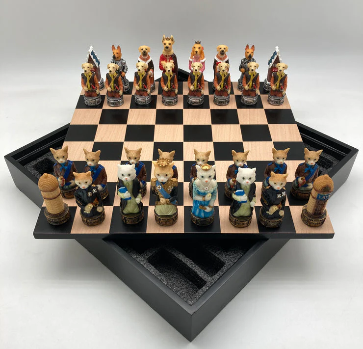Chess Set - Cats & Dogs Resin Chessmen on Black/Maple Chest - Image 2