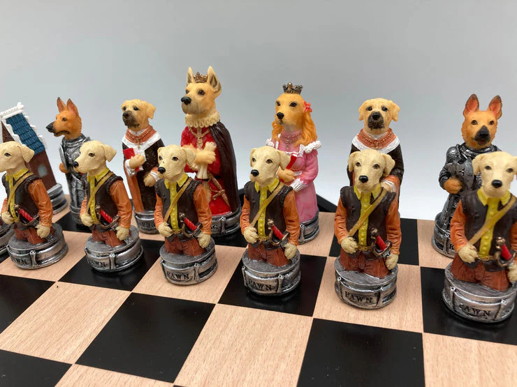 Chess Set - Cats & Dogs Resin Chessmen on Black/Maple Chest - Image 3