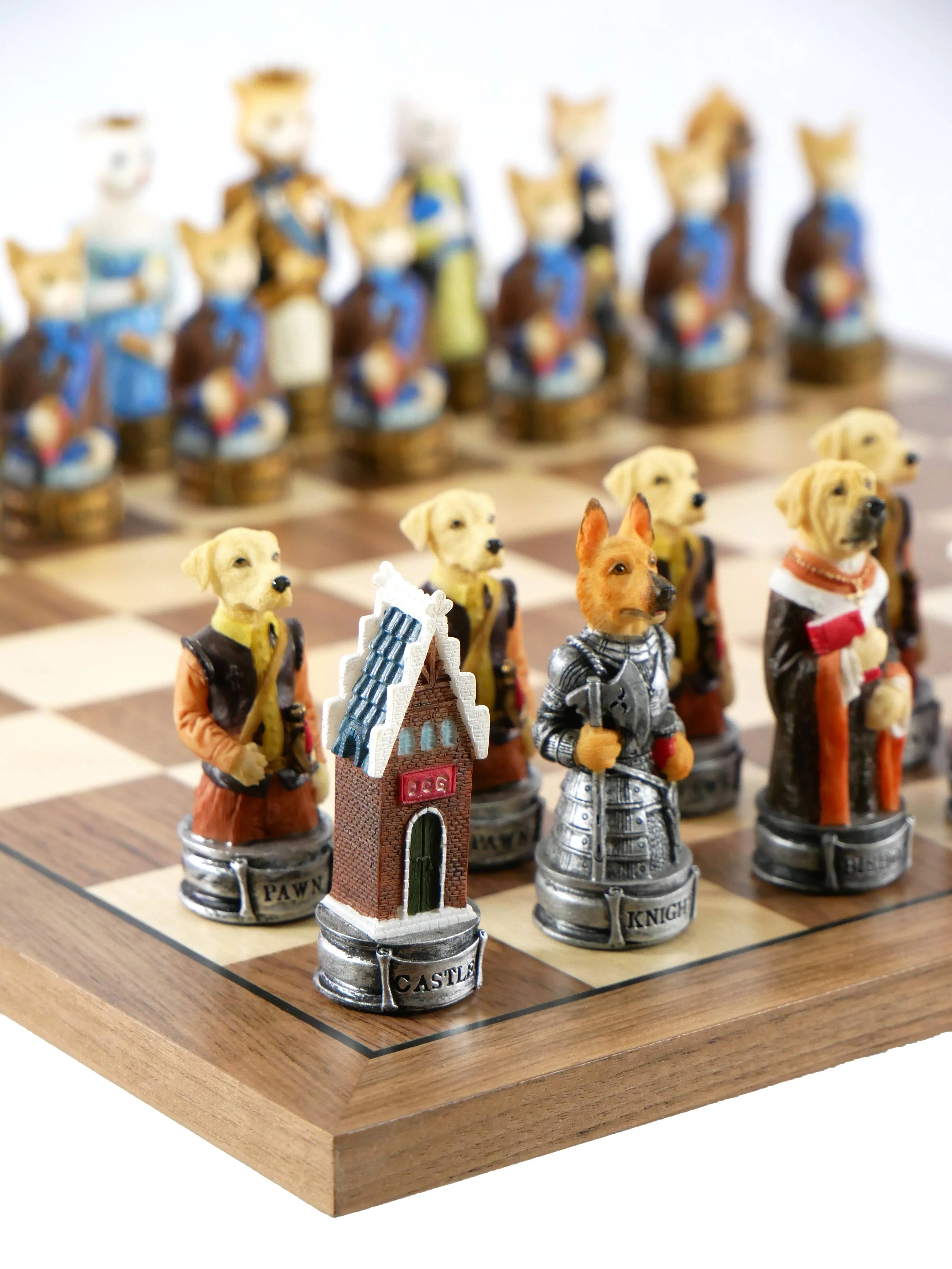 Chess Set - Cats & Dogs Resin Men on Walnut Maple Board - Image 2