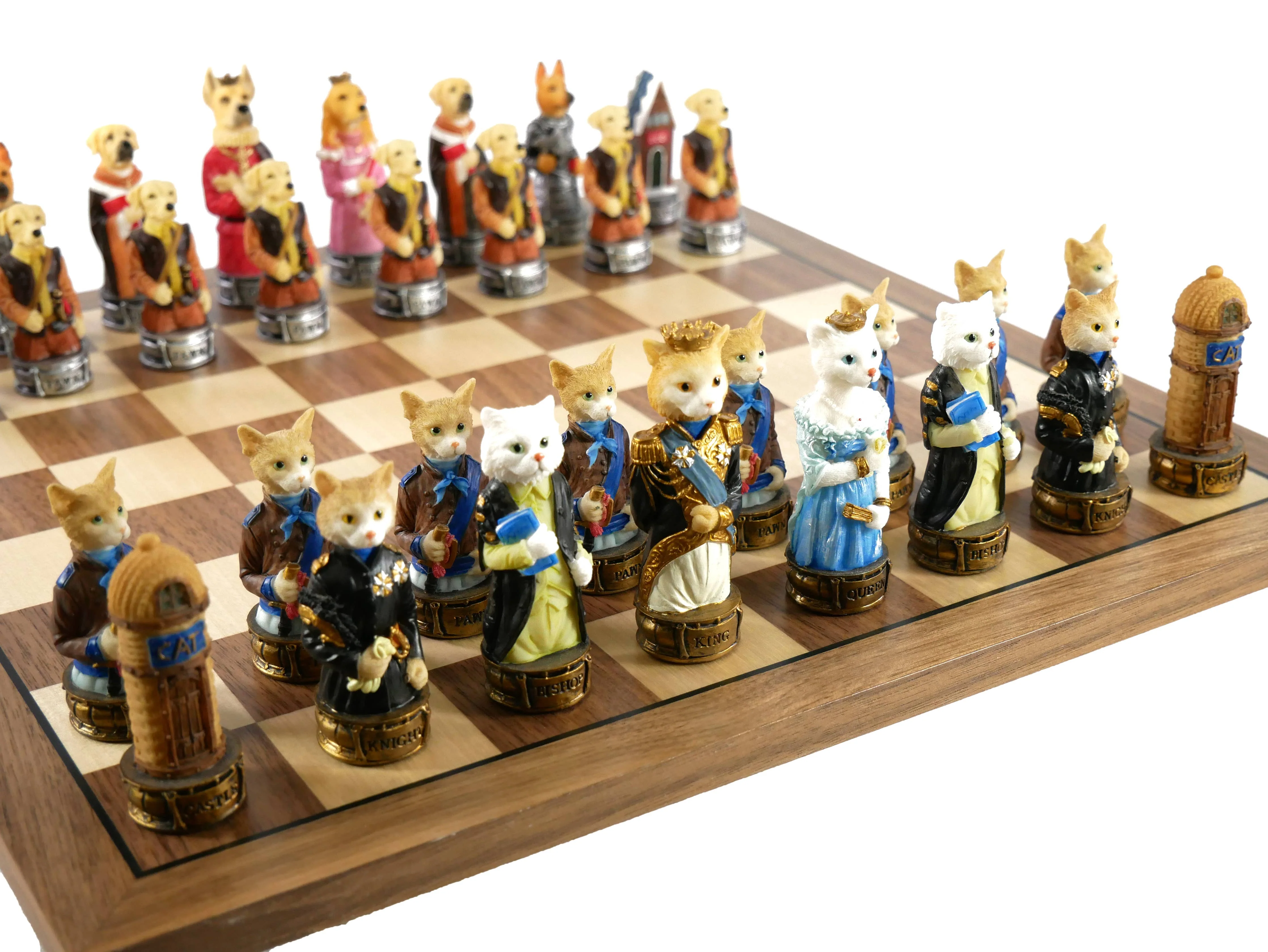 Chess Set - Cats & Dogs Resin Men on Walnut Maple Board - Image 3