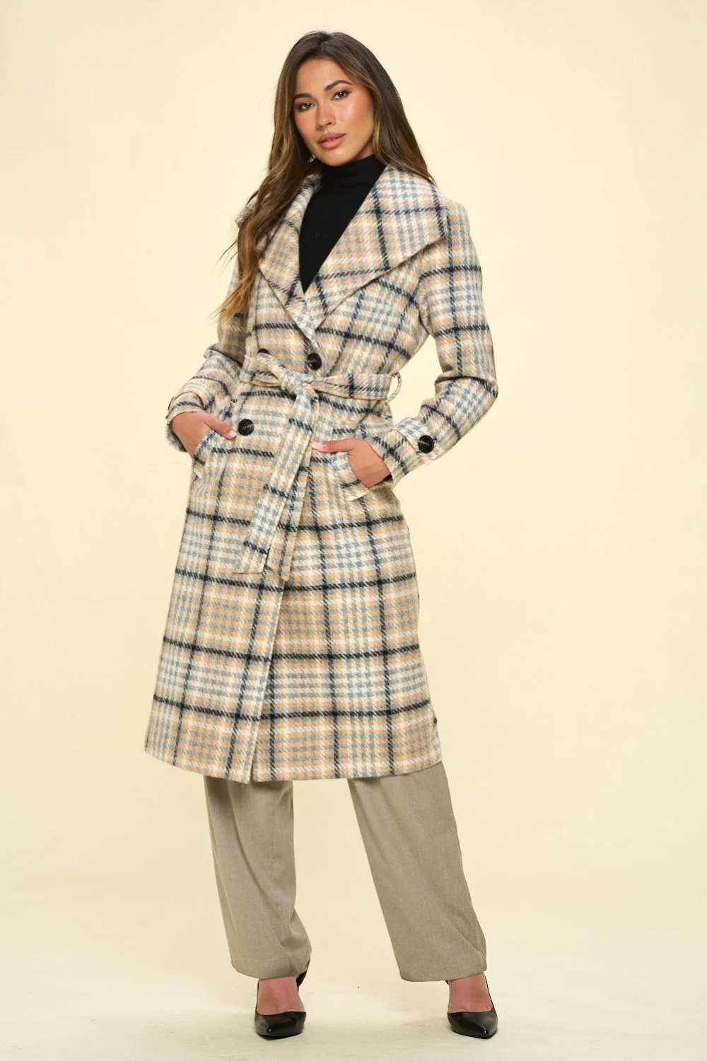 Coalition LA Double-Breasted Plaid Coat with Belt - Image 3