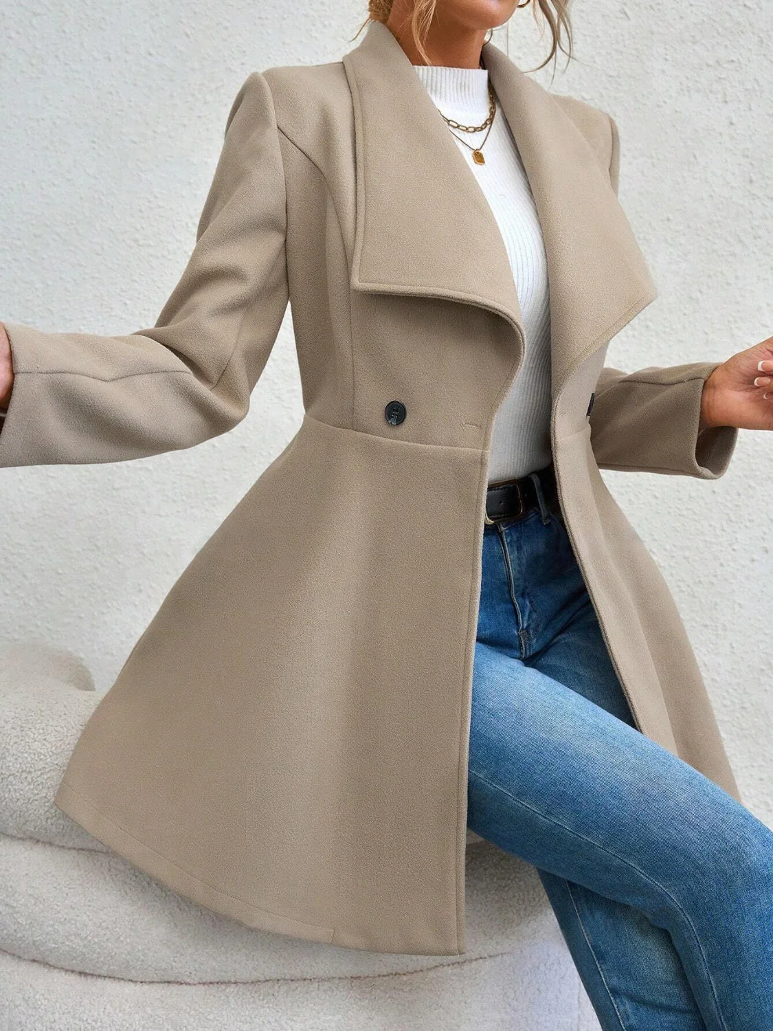 Collared Neck Button Up Long Sleeve Coat - Image 10