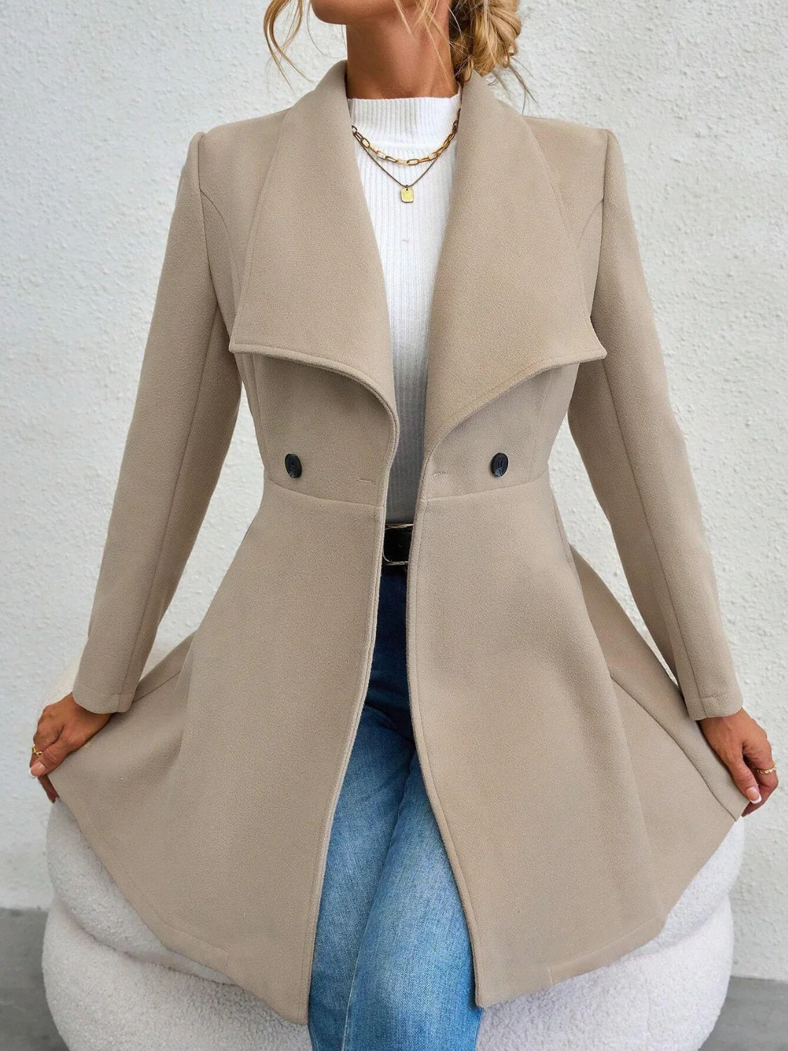 Collared Neck Button Up Long Sleeve Coat - Image 11