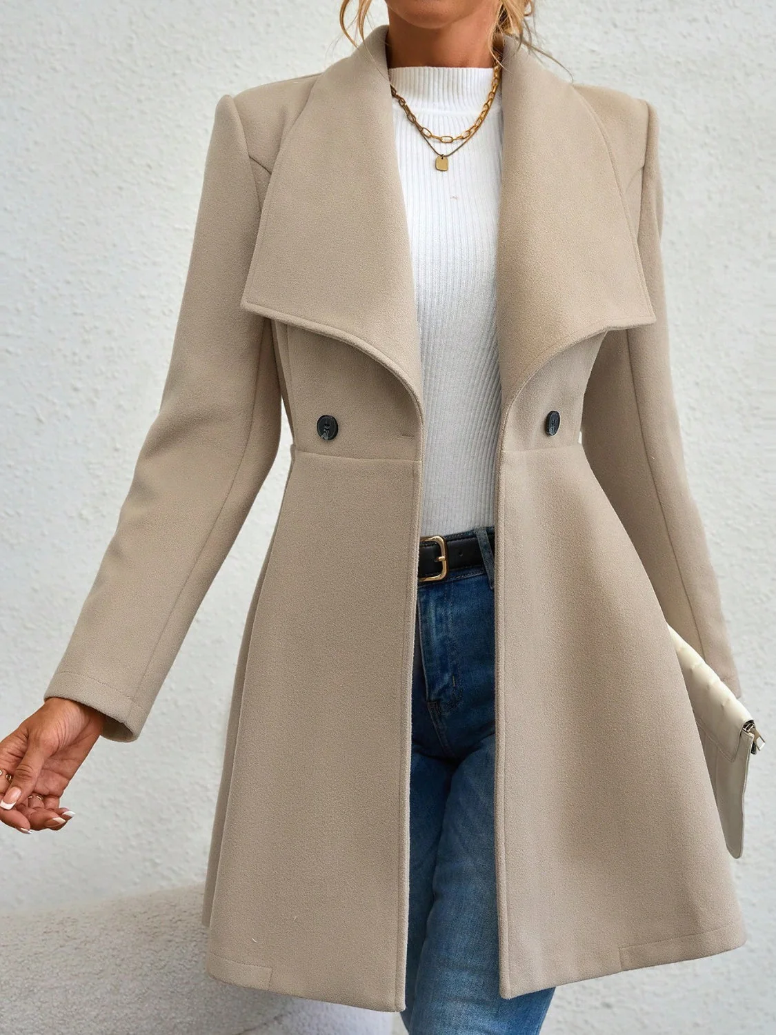 Collared Neck Button Up Long Sleeve Coat - Image 12