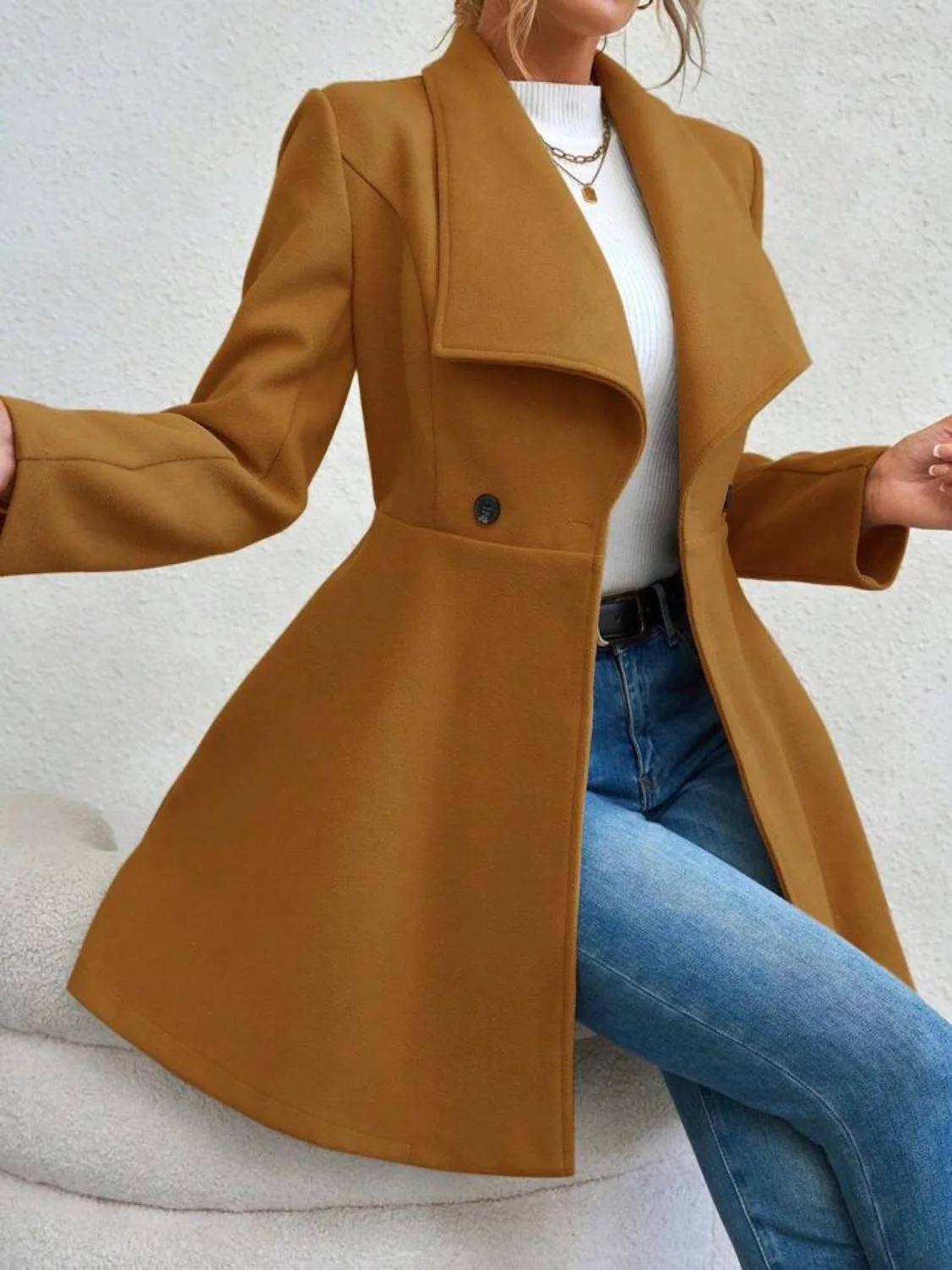 Collared Neck Button Up Long Sleeve Coat - Image 16