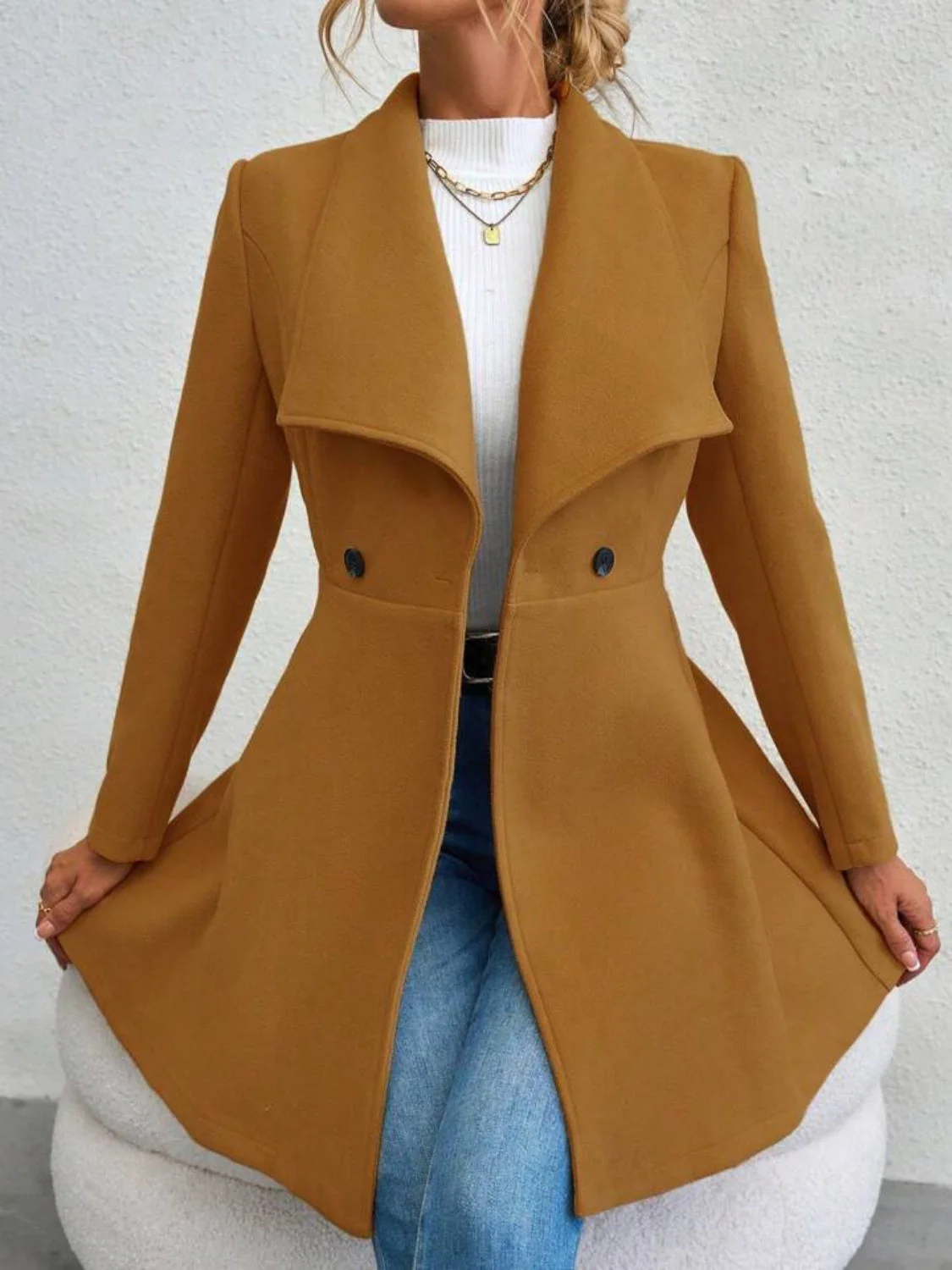 Collared Neck Button Up Long Sleeve Coat - Image 17