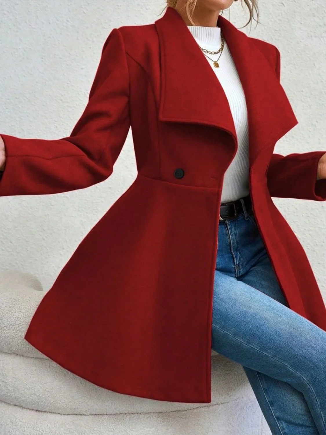 Collared Neck Button Up Long Sleeve Coat - Image 2